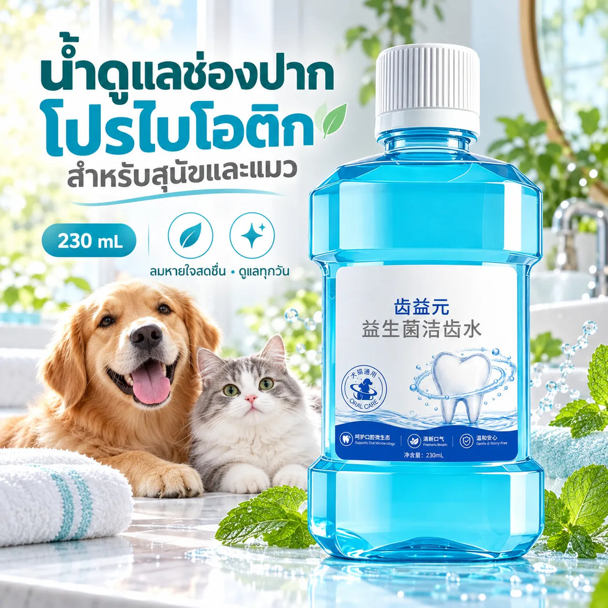 Pethealer ผลิตภัณฑ์ดูแลช่องปากผสมโปรไบโอติกสำหรับสุนัขและแมว – 230 มล.