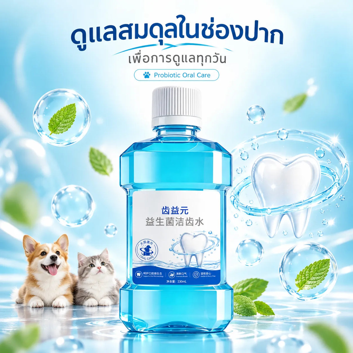 Pethealer ผลิตภัณฑ์ดูแลช่องปากผสมโปรไบโอติกสำหรับสุนัขและแมว – 230 มล.