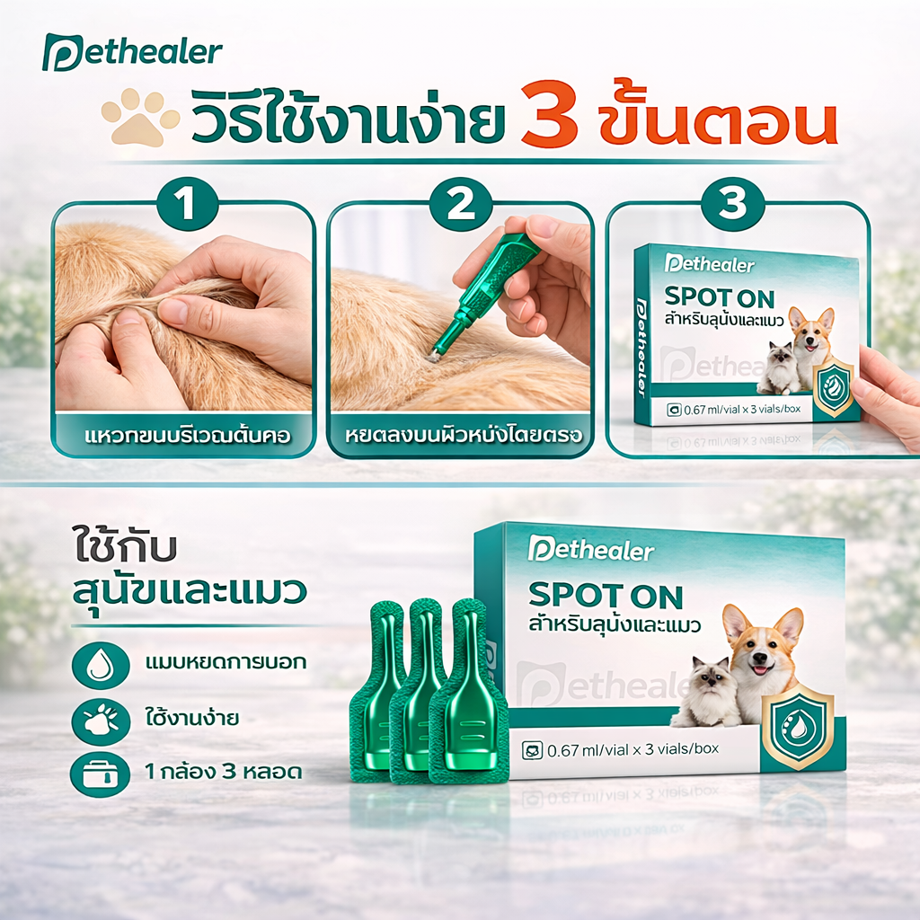 Pethealer ยาหยอดกำจัดหมัดสำหรับแมวและสุนัข