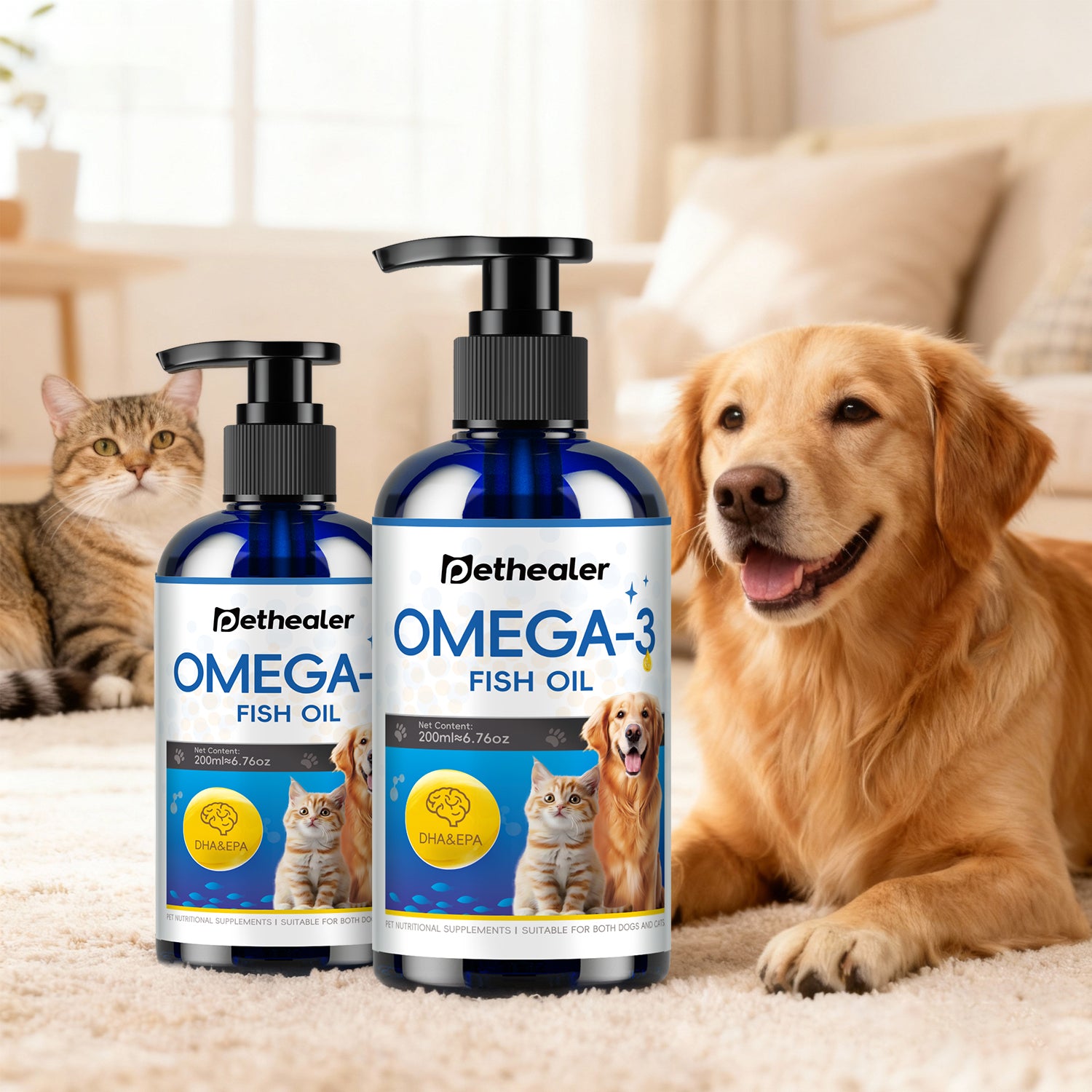 น้ำมันปลาสำหรับสัตว์เลี้ยงแบบปั๊ม 200 มล. จำนวน 2 ขวด (ด้านหน้า)