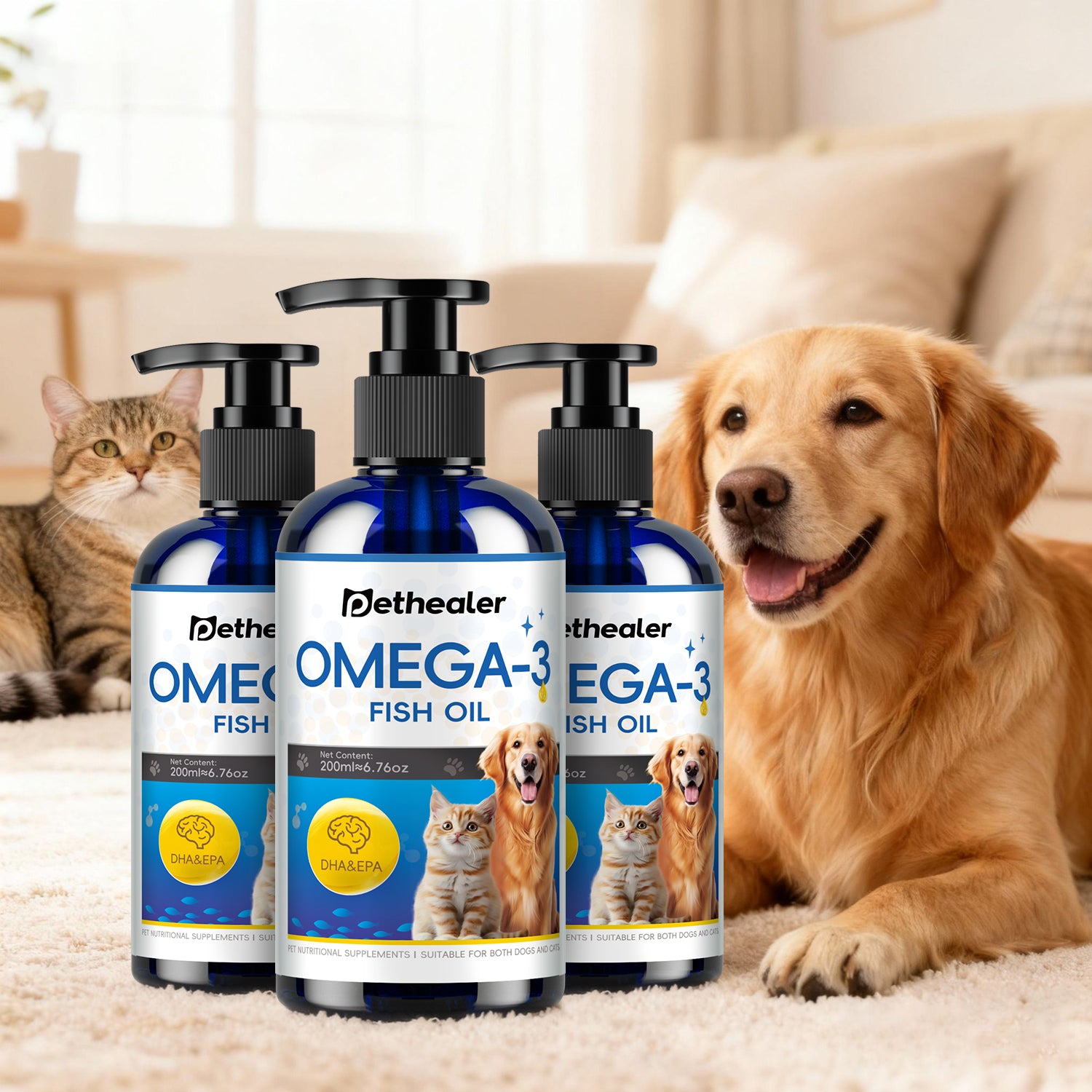 น้ำมันปลาสำหรับสัตว์เลี้ยงแบบปั๊ม 200 มล. จำนวน 3 ขวด (ด้านหน้า)