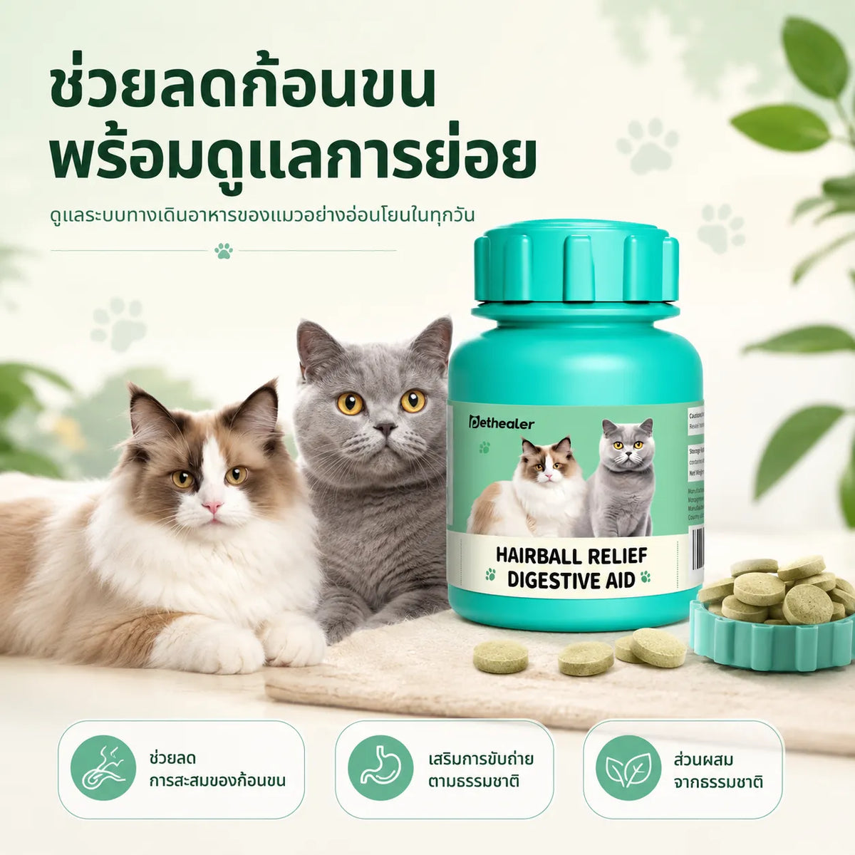 Pethealer ขนมเม็ดสำหรับแมว สูตรดูแลก้อนขนและระบบย่อยอาหาร ขนาด 100 กรัม ทานง่าย เหมาะสำหรับทุกวัน