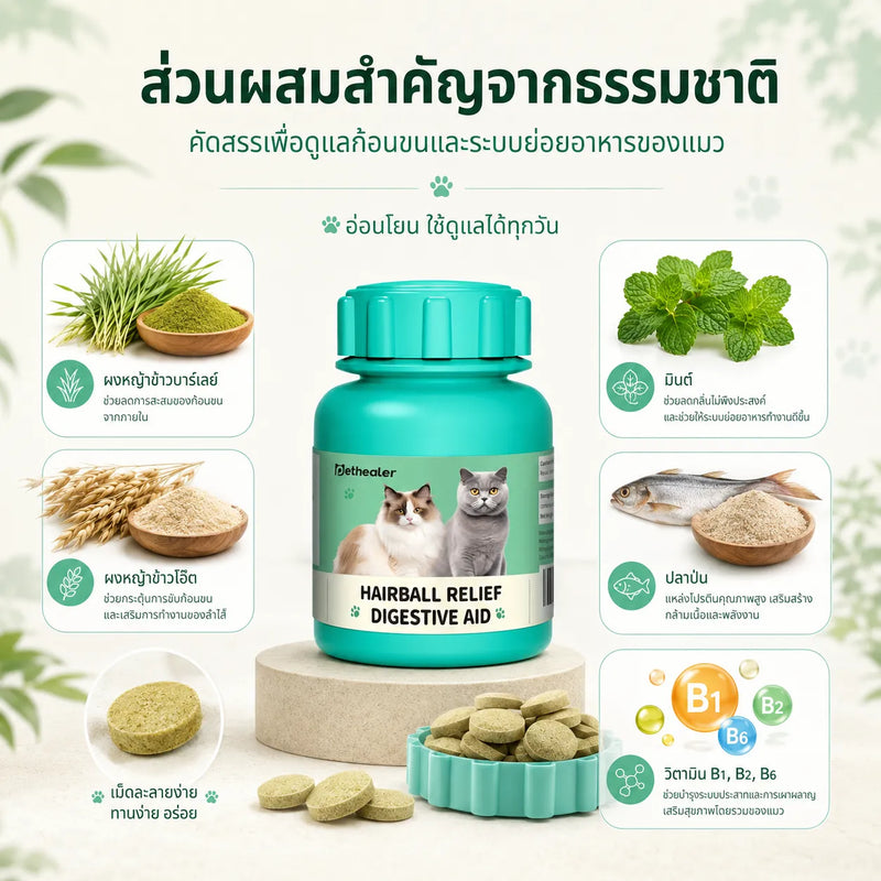 Pethealer ขนมเม็ดสำหรับแมว สูตรดูแลก้อนขนและระบบย่อยอาหาร ขนาด 100 กรัม ทานง่าย เหมาะสำหรับทุกวัน