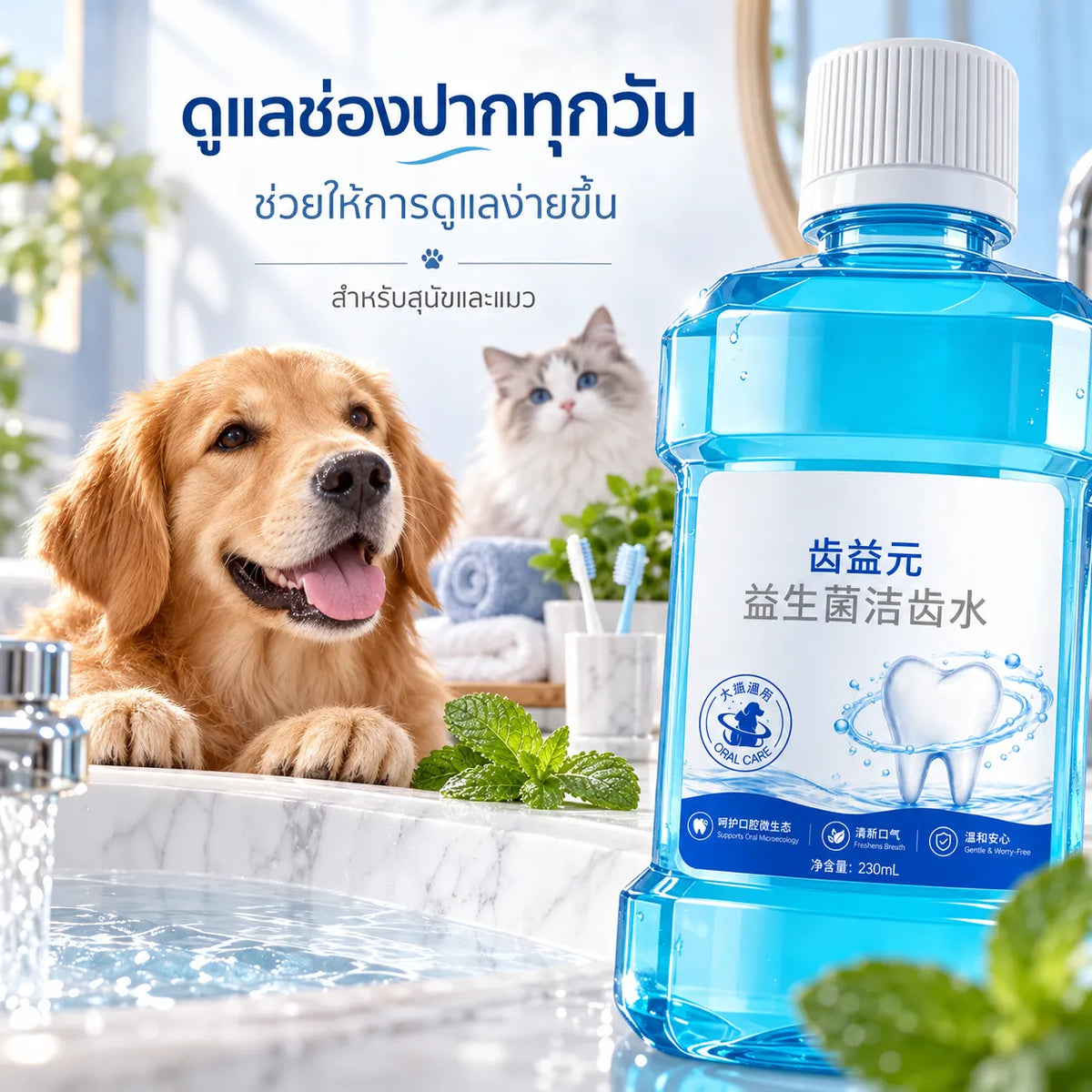 Pethealer ผลิตภัณฑ์ดูแลช่องปากผสมโปรไบโอติกสำหรับสุนัขและแมว – 230 มล.